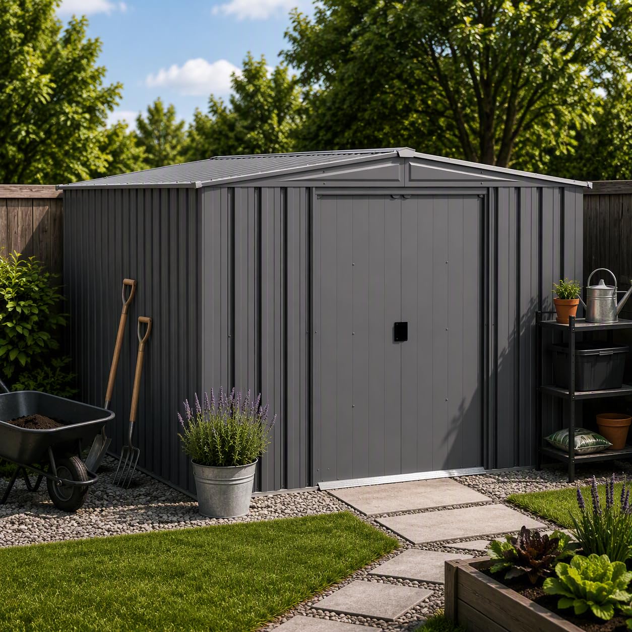 Gardening Tools In - Steel Storage Shed Weatherproof Galvanized Metal